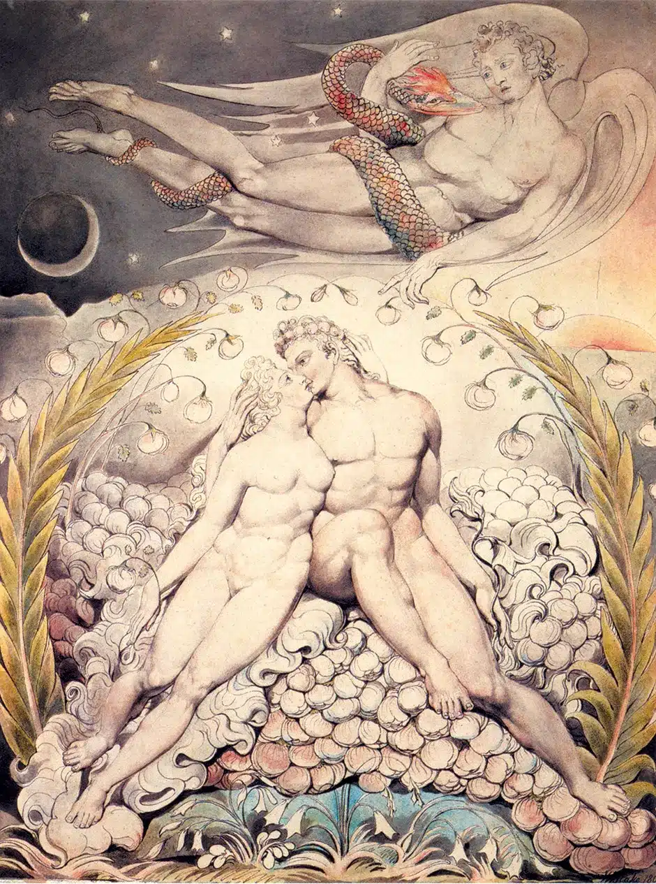 Satanás observando os carinhos de Adão e Eva, William Blake